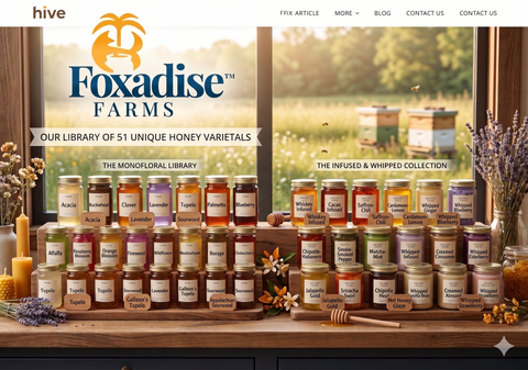 A curated display of unique American honey varietals on wooden shelves, showcasing a wide selection of monofloral, infused, and whipped honeys from Foxadise Farms.