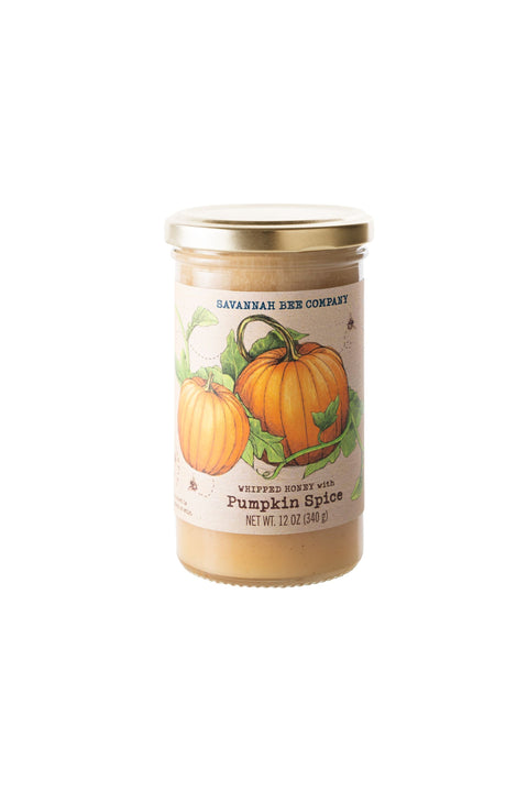Jar of Savannah Bee Company honey with pumpkin spice flavor on a white background