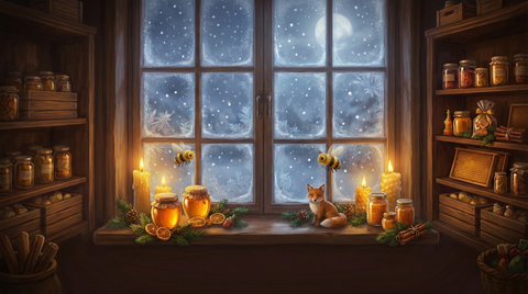 Cozy room with a window view of snowflakes, candles, and a fox figurine.