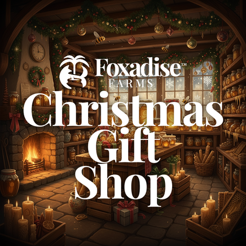 Advertisement for Foxadise Farms Christmas Gift Shop with a festive interior setting.