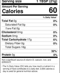 Nutrition facts label for a product with 60 calories per serving, 17g of total carbohydrate, and 16g of added sugars.