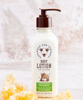 Body lotion bottle with pump on a textured beige background
