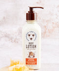 Body lotion bottle with pump on a textured beige background