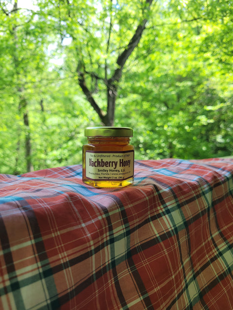 A jar of Blackberry Honey placed on a plaid tablecloth with a background of trees.