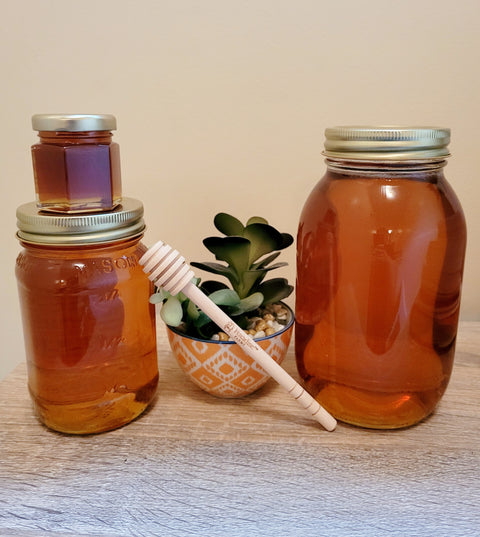 Three jars of honey with a small bowl of succulents and a honey dipper on a wooden surface.