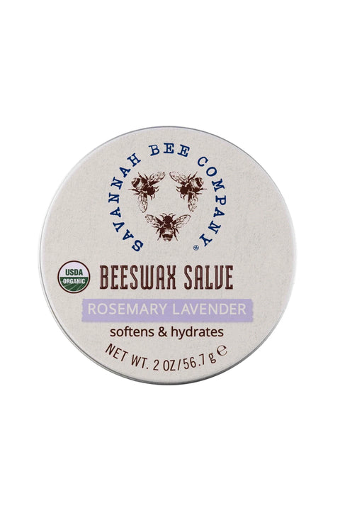 A container of Beeswax Salve with Rosemary Lavender scent, labeled as softens & hydrates skin, from Georgia Bee Company.
